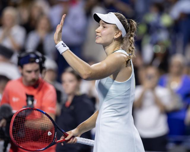 (260812) -- TORONTO, Aug. 12, 2026 (Xinhua) -- Elena Rybakina of Kazakhstan celebrates victory after the women's singles quarterfinal match between Naomi Osaka of Japan and Elena Rybakina of Kazakhstan at the 2026 National Bank Open tennis tournament in Toronto, Canada, on Aug. 11, 2026. (Photo by Zou Zheng/Xinhua)