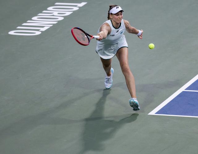 (260812) -- TORONTO, Aug. 12, 2026 (Xinhua) -- Elena Rybakina of Kazakhstan returns the ball during the women's singles quarterfinal match between Naomi Osaka of Japan and Elena Rybakina of Kazakhstan at the 2026 National Bank Open tennis tournament in Toronto, Canada, on Aug. 11, 2026. (Photo by Zou Zheng/Xinhua)