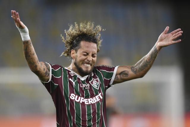 (260812) -- RIO DE JANEIRO, Aug. 12, 2026 (Xinhua) -- Guga of Fluminense reacts during the first leg of the Copa Libertadores round of 16 football match between Brazil's Fluminense and Argentina's Independiente Rivadavia at the Maracana stadium in Rio de Janeiro, Brazil, on Aug. 11, 2026. (Photo by Daniel Ramalho/Xinhua)
