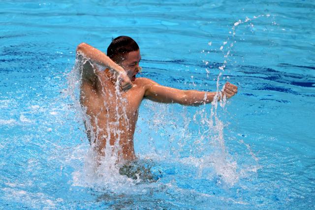 (260813) -- BUDPAEST, Aug. 13, 2026 (Xinhua) -- Chen Keyu of China performs during the Men's Solo Technical Final of the World Aquatics Junior Artistic Swimming Championships in Budapest, Hungary, on Aug. 12, 2026. (Photo by Attila Volgyi/Xinhua)