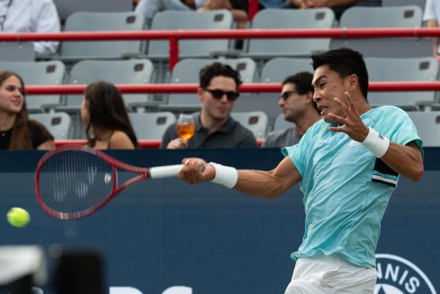 (260813) -- MONTREAL, Aug. 13, 2026 (Xinhua) -- Brandon Nakashima of the United States competes during the men's singles semifinal match between Brandon Nakashima of the United States and Rafael Jodar of Spain at the 2026 National Bank Open tennis tournament in Montreal, Canada, Aug. 12, 2026. (Photo by Li Haitao/Xinhua)
