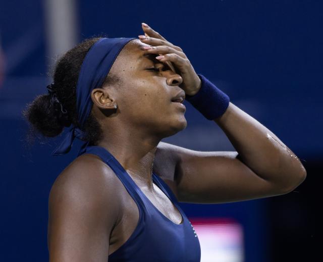 (260813) -- TORONTO, Aug. 13, 2026 (Xinhua) -- Coco Gauff of the United States reacts during the women's singles semifinal match between Coco Gauff of the United States and Elena Rybakina of Kazakhstan at the 2026 National Bank Open tennis tournament in Toronto, Canada, on Aug. 12, 2026. (Photo by Zou Zheng/Xinhua)