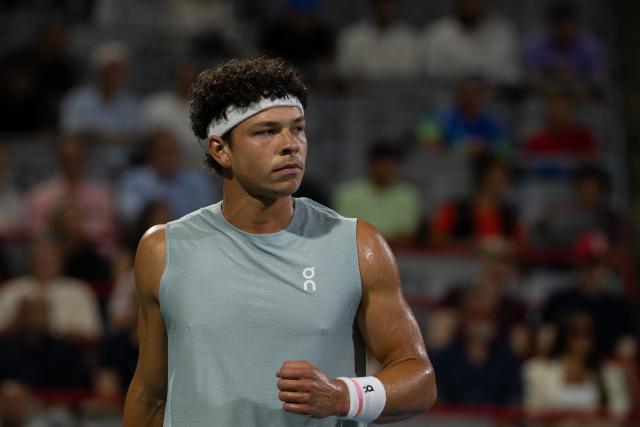 (260813) -- MONTREAL, Aug. 13, 2026 (Xinhua) -- Ben Shelton of the United States reacts during the men's singles semifinal match between Ben Shelton of the United States and Learner Tien of the United States at the 2026 National Bank Open tennis tournament in Montreal, Canada, Aug. 12, 2026. (Photo by Li Haitao/Xinhua)