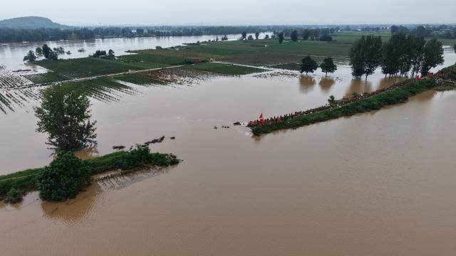 (260813) -- PINGDINGSHAN, Aug. 13, 2026 (Xinhua) -- An aerial drone photo shows repair work underway at the site of a levee breach along the Beiru River in Jiaxian County, central China's Henan Province, Aug. 13, 2026.
  Thousands of people have been evacuated in Henan Province after days of torrential rain swelled rivers and triggered a levee breach, local authorities said Thursday.
  In Pingdingshan City, more than 2,000 people were relocated to safety after a levee along the Beiru River in Jiaxian County gave way on Wednesday night, following extreme rainfall and large-volume discharges from upstream reservoirs. No casualties have been reported so far. (Xinhua/Yang Jinxin)