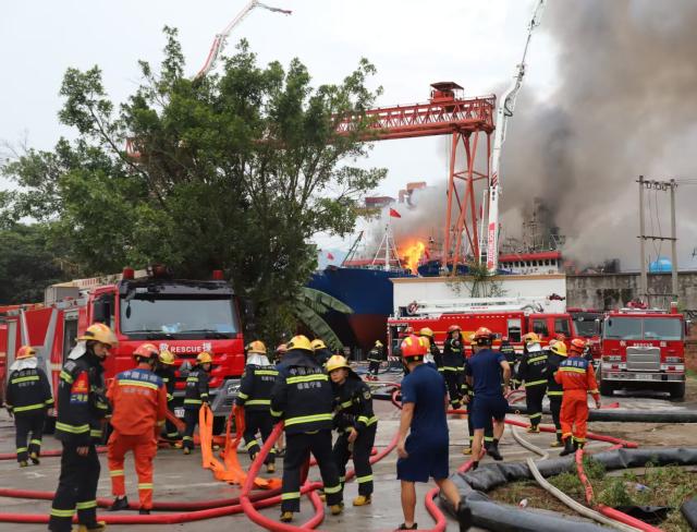 (260813) -- FUZHOU, Aug. 13, 2026 (Xinhua) -- Firefighters work at the site of a shipyard fire in Fu'an, southeast China's Fujian Province. Twelve people were injured after a vessel caught fire at the shipyard on Thursday, local authorities said.
  The fire broke out at around 1:09 p.m. at Century Huahai (Fujian) Shipbuilding Heavy Industry Co., Ltd. in Gantang Township of Fu'an.
  The fire has been brought under control. (Xinhua)