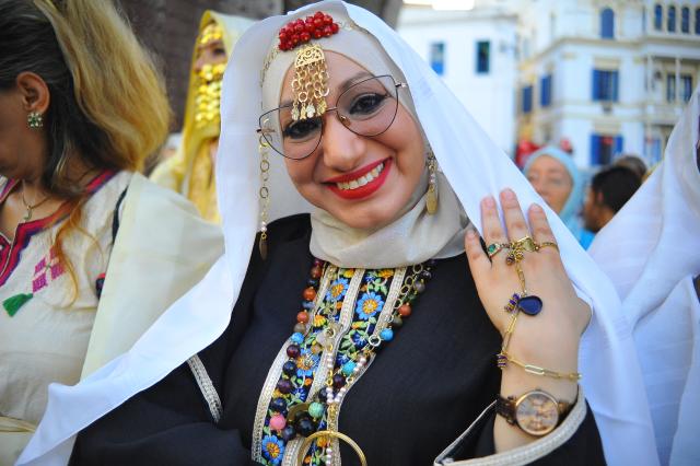 (260813) -- TUNIS, Aug. 13, 2026 (Xinhua) -- A Tunisian woman in traditional costumes is pictured during the celebration of the annual National Women's Day in Tunis, Tunisia, Aug. 13, 2026. (Photo by Adel Ezzine/Xinhua)
