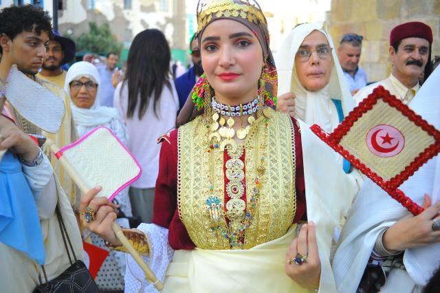 (260813) -- TUNIS, Aug. 13, 2026 (Xinhua) -- A Tunisian woman in traditional costumes is pictured during the celebration of the annual National Women's Day in Tunis, Tunisia, Aug. 13, 2026. (Photo by Adel Ezzine/Xinhua)