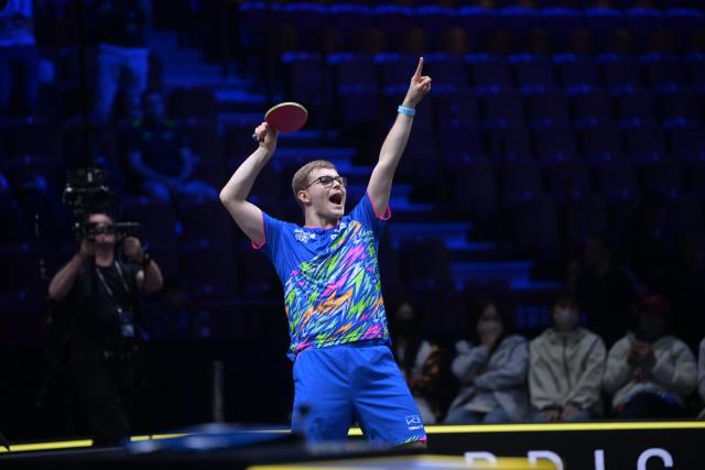 (260814) -- MALMO, Aug. 14, 2026 (Xinhua) -- Alexis Lebrun celebrates after winning the men's singles round of 16 match between Lin Shidong of China and Alexis Lebrun of France at the WTT Europe Smash Sweden 2026 in Malmo, Sweden, Aug. 14, 2026. (Xinhua/Weng Xinyang)