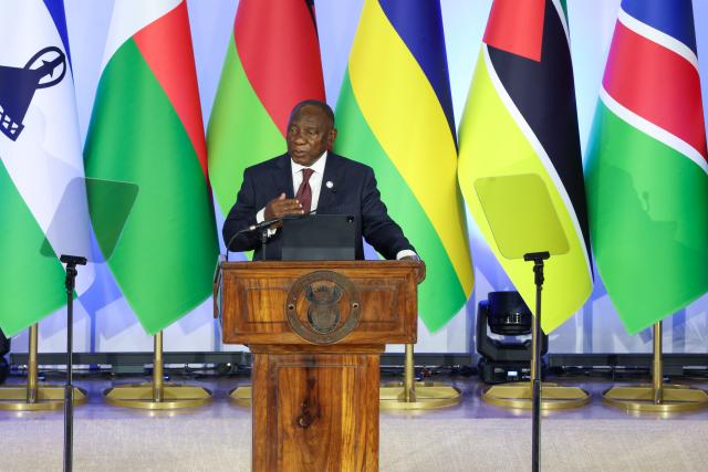 (260814) -- DURBAN, Aug. 14, 2026 (Xinhua) -- South African President Cyril Ramaphosa speaks during the Public Lecture at the University of KwaZulu-Natal ahead of the 46th SADC Summit in Durban, South Africa, Aug. 14, 2026. TO GO WITH "S. African president urges SADC to address root causes of migration" (GCIS/Handout via Xinhua)