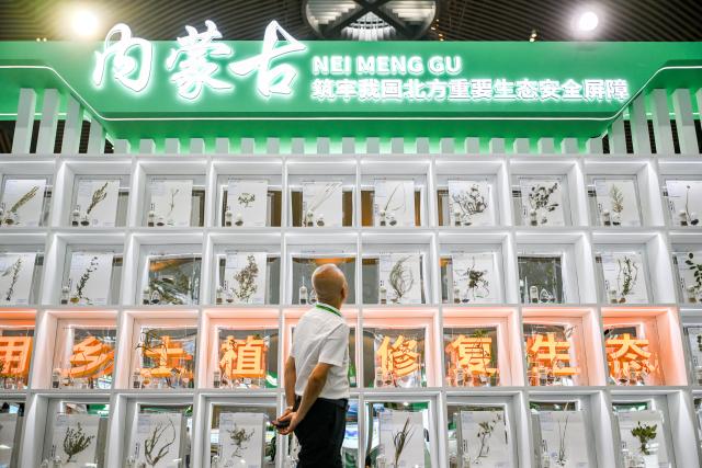(260815) -- HULUNBUIR, Aug. 15, 2026 (Xinhua) -- A visitor views exhibits during a main event of the fourth National Ecology Day in Hulunbuir, north China's Inner Mongolia Autonomous Region, Aug. 15, 2026.
  China's top legislature designated Aug. 15 as National Ecology Day in 2023 to raise public awareness of ecological conservation and encourage action to protect the environment. (Xinhua/Lian Zhen)