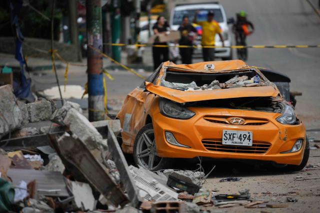 (260815) -- PEREIRA, Aug. 15, 2026 (Xinhua) -- This photo taken on Aug. 14, 2026 shows a car damaged in an earthquake in Pereira, Colombia.
  A 7.4-magnitude earthquake jolted western Colombia on Monday. (Photo by Andres Moreno/Xinhua)