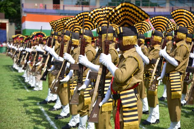 (260815) -- ASSAM, Aug. 15, 2026 (Xinhua) -- Indian policemen take part in a parade during India's Independence Day celebrations in Nagaon district of India's northeastern state of Assam, Aug. 15, 2026. (Str/Xinhua)