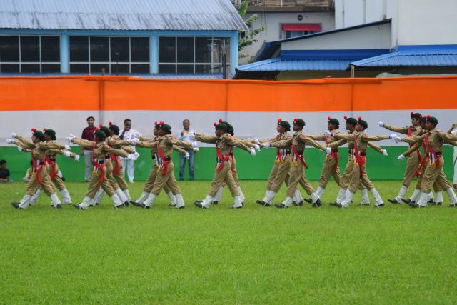 (260815) -- ASSAM, Aug. 15, 2026 (Xinhua) -- Members of National Cadet Corps (NCC) take part in a parade during India's Independence Day celebrations in Nagaon district of India's northeastern state of Assam, Aug. 15, 2026. (Str/Xinhua)
