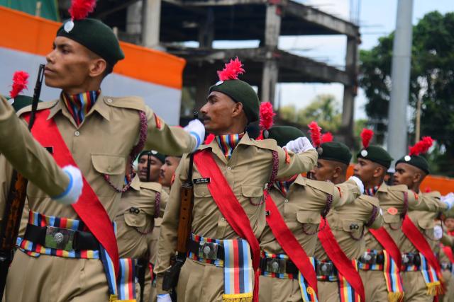 (260815) -- ASSAM, Aug. 15, 2026 (Xinhua) -- Members of National Cadet Corps (NCC) take part in a parade during India's Independence Day celebrations in Nagaon district of India's northeastern state of Assam, Aug. 15, 2026. (Str/Xinhua)
