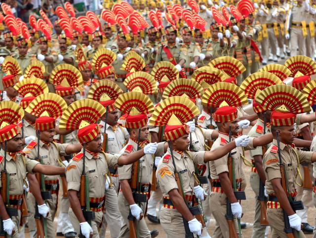 (260815) -- BHOPAL, Aug. 15, 2026 (Xinhua) -- Indian police officers take part in India's Independence Day celebrations in Bhopal, India's Madhya Pradesh state, Aug. 15, 2026. (Str/Xinhua)