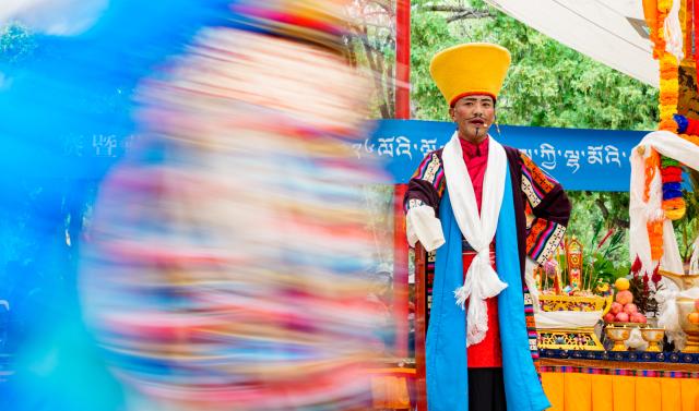 (260815) -- LHASA, Aug. 15, 2026 (Xinhua) -- An artist stages a Tibetan opera during the Shoton Festival in Lhasa, southwest China's Xizang Autonomous Region, Aug. 15, 2026. Tibetan opera blends talking, singing, acting, dancing and literature, which is a must-see performance for visitors during the Shoton Festival. (Xinhua/Tenzin Nyida)