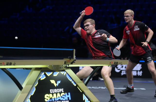 (260816) -- MALMO, Aug. 16, 2026 (Xinhua) -- Alexis Lebrun/Felix Lebrun (R) compete during the men's doubles final match between and Alexis Lebrun/Felix Lebrun of France and Wong Chun Ting/Chan Baldwin of China's Hongkong at the WTT Europe Smash Sweden 2026 in Malmo, Sweden, Aug. 15, 2026. (Xinhua/Weng Xinyang)
