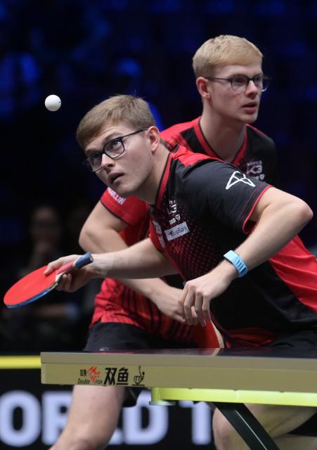 (260816) -- MALMO, Aug. 16, 2026 (Xinhua) -- Alexis Lebrun/Felix Lebrun (R) compete during the men's doubles final match between and Alexis Lebrun/Felix Lebrun of France and Wong Chun Ting/Chan Baldwin of China's Hongkong at the WTT Europe Smash Sweden 2026 in Malmo, Sweden, Aug. 15, 2026. (Xinhua/Weng Xinyang)