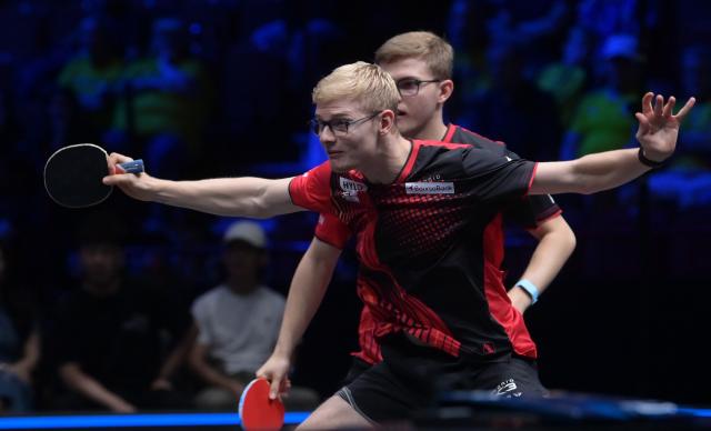 (260816) -- MALMO, Aug. 16, 2026 (Xinhua) -- Alexis Lebrun/Felix Lebrun (L) compete during the men's doubles final match between and Alexis Lebrun/Felix Lebrun of France and Wong Chun Ting/Chan Baldwin of China's Hongkong at the WTT Europe Smash Sweden 2026 in Malmo, Sweden, Aug. 15, 2026. (Xinhua/Weng Xinyang)