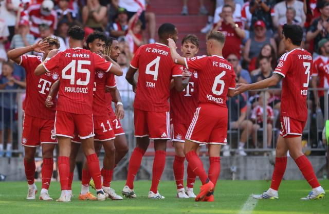 (260816) -- MUNICH, Aug. 16, 2026 (Xinhua) -- Nathaniel Brown (3rd L) of Bayern Munich celebrates after scoring with teammates during a friendly football match between Bayern Munich and RB Leipzig in Munich, Germany, Aug. 15, 2026. (Photo by Philippe Ruiz/Xinhua)
