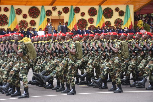 (260816) -- BRAZZAVILLE, Aug. 16, 2026 (Xinhua) -- A formation marches past the reviewing stand during a parade marking the 66th anniversary of the country's independence in Brazzaville, capital of the Republic of the Congo, Aug. 15, 2026. The Republic of the Congo held a military and civilian parade on Saturday here to mark the 66th anniversary of its independence. (Photo by Kitina/Xinhua)