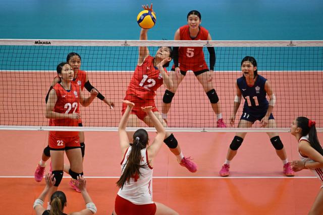 (260816) -- SANTIAGO, Aug. 16, 2026 (Xinhua) -- Cheng Yung-Yu (4th R) of Chinese Taipei competes during the semifinal match between Chinese Taipei and Türkiye at the FIVB Volleyball Girls' U17 World Championship in Santiago, Chile, Aug. 15, 2026. (Photo by Jorge Villegas/Xinhua)