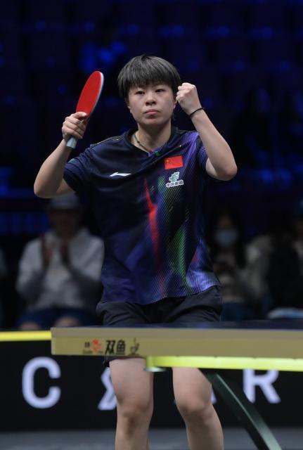 (260816) -- MALMO, Aug. 16, 2026 (Xinhua) -- Wang Yidi of China celebrates scoring against Harimoto Miwa of Japan during the women's singles semifinal match at the WTT Europe Smash Sweden 2026 in Malmo, Sweden, Aug. 16, 2026. (Xinhua/Weng Xinyang)