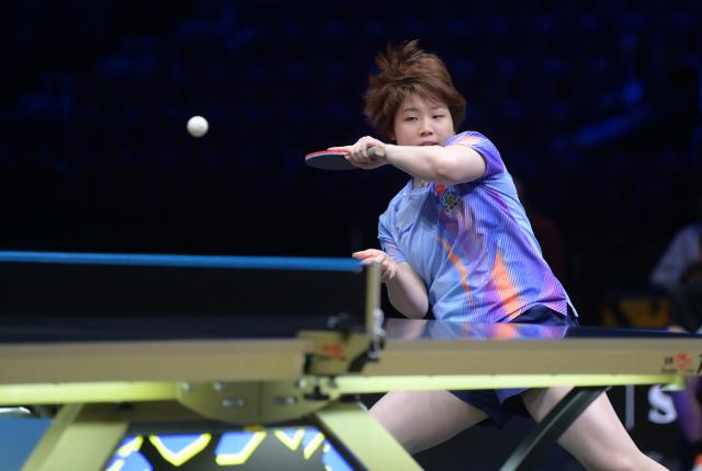 (260816) -- MALMO, Aug. 16, 2026 (Xinhua) -- Kuai Man of China hits a return to Wang Manyu of China during the women's singles semifinal match at the WTT Europe Smash Sweden 2026 in Malmo, Sweden, Aug. 16, 2026. (Xinhua/Weng Xinyang)