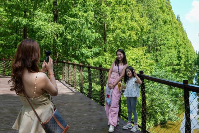 (260816) -- NANJING, Aug. 16, 2026 (Xinhua) -- People pose for photos at the Dongtai Huanghai Forest Park in Dongtai of Yancheng, east China's Jiangsu Province, on Aug. 16, 2026. (Xinhua/Li Bo)