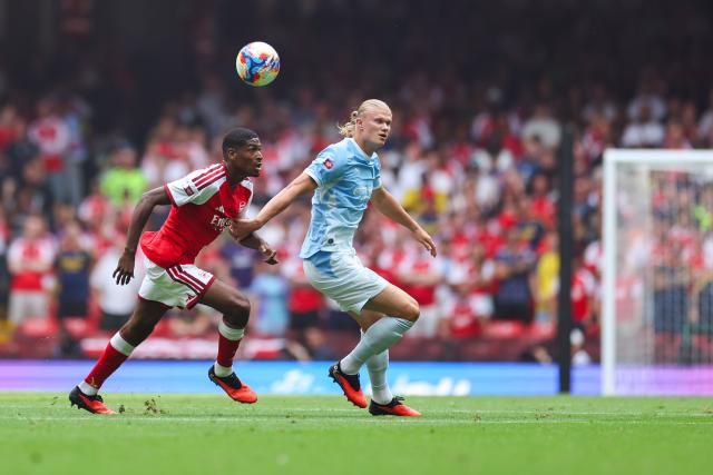(260817) -- CARDIFF, Aug. 17, 2026 (Xinhua) -- Manchester City's Erling Haaland (R) vies for the ball during the English Community Shield match between Arsenal and Manchester City in Cardiff, Britain, on Aug. 16, 2026. (Photo by Qian Jun/Xinhua)