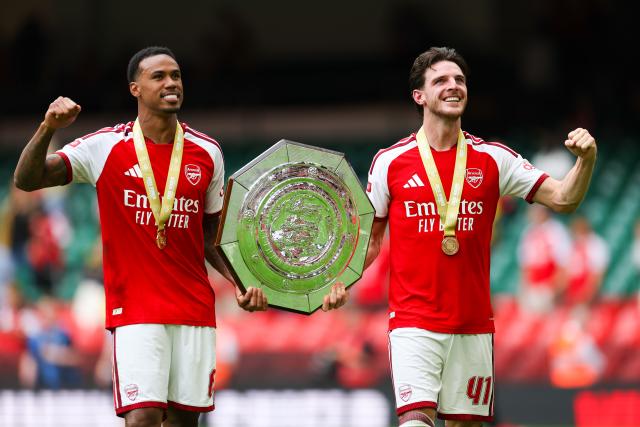 (260817) -- CARDIFF, Aug. 17, 2026 (Xinhua) -- Arsenal's Declan Rice (R) and Gabriel Magalhaes celebrate after the English Community Shield match between Arsenal and Manchester City in Cardiff, Britain, on Aug. 16, 2026. (Photo by Qian Jun/Xinhua)