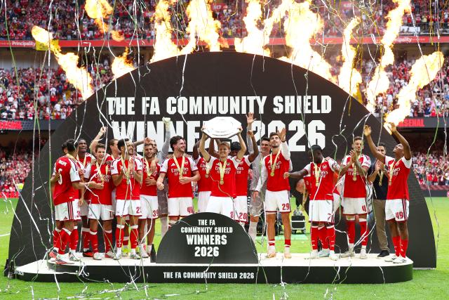 (260817) -- CARDIFF, Aug. 17, 2026 (Xinhua) -- Arsenal's players celebrate on the podium after the English Community Shield match between Arsenal and Manchester City in Cardiff, Britain, on Aug. 16, 2026. (Photo by Qian Jun/Xinhua)