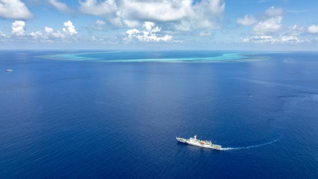 (260817) -- BEIJING , Aug. 17, 2026 (Xinhua) -- An aerial drone photo taken on July 8, 2026 shows the China Coast Guard vessel Hailing patrolling in the territorial waters of China's Huangyan Dao in the South China Sea. Huangyan Dao, located in China's Zhongsha Qundao, features a unique coral reef ecosystem and special geological structures. It is home to numerous rare and endangered species, making it an area of high biodiversity and species rarity.
   Huangyan Dao is China's inherent territory. In September 2025, China formally approved to establish the Huangyan Dao National Nature Reserve.
   The China Coast Guard has carried out regular patrols and law enforcement to safeguard China's territorial sovereignty, maritime rights and interests, and ecological environment in the waters of the reserve. (Xinhua/Wang Peng)