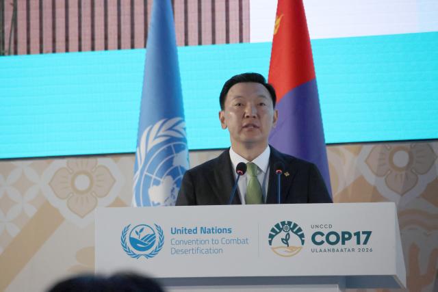 (260817) -- ULAN BATOR, Aug. 17, 2026 (Xinhua) -- Mongolian Prime Minister Nyam-Osor Uchral speaks at the opening ceremony of the 17th Session of the Conference of the Parties (COP17) to the United Nations Convention to Combat Desertification (UNCCD) held in Ulan Bator, capital of Mongolia, Aug. 17, 2026. The UNCCD COP17 officially opened here on Monday.
   Held under the theme "Restoring Land, Restoring Hope," COP17 brings together 12,000 representatives from the UNCCD's 197 Parties at a pivotal global forum aimed at accelerating action to combat desertification, land degradation and drought. (Xinhua/Bolortsetseg)