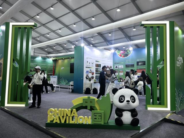 (260817) -- ULAN BATOR, Aug. 17, 2026 (Xinhua) -- This photo taken on Aug. 17, 2026 shows the China pavilion at the 17th Session of the Conference of the Parties (COP17) to the United Nations Convention to Combat Desertification (UNCCD) in Ulan Bator, capital of Mongolia. The UNCCD COP17 officially opened here on Monday.
   Held under the theme "Restoring Land, Restoring Hope," COP17 brings together 12,000 representatives from the UNCCD's 197 Parties at a pivotal global forum aimed at accelerating action to combat desertification, land degradation and drought. (Xinhua/Bolortsetseg)