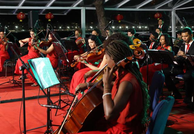 (260817) -- RIO DE JANEIRO, Aug. 17, 2026 (Xinhua) -- Musicians perform during a concert marking the 52nd anniversary of China-Brazil diplomatic relations at the Forte de Copacabana in Rio de Janeiro, Brazil, Aug. 16, 2026. The concert was held here on Sunday. (Xinhua/Jin Haoyuan)