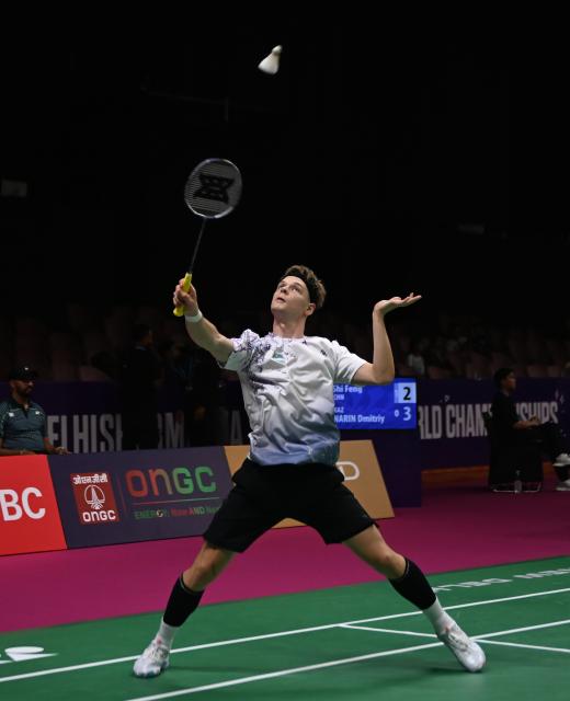 (260817) -- NEW DELHI, Aug. 17, 2026 (Xinhua) -- Dmitriy Panarin of Kazakhstan competes during the men's singles round of 64 match against China's Li Shifeng at BWF World Championships in New Delhi, Aug. 17, 2026. (Xinhua/Javed Dar)