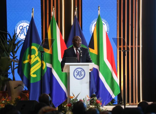 (260818) -- DURBAN, Aug. 18, 2026 (Xinhua) -- South African President Cyril Ramaphosa speaks during the opening ceremony of the 46th Ordinary Summit of the Southern African Development Community (SADC) Heads of State and Government in Durban, South Africa, Aug. 17, 2026.
  The summit opened Monday in South Africa's coastal city of Durban, with calls for deeper regional integration and stronger cooperation to advance industrialization and economic development.
  TO GO WITH "SADC summit opens in S. Africa's Durban with call for deeper regional integration" (Xinhua/Chen Wei)