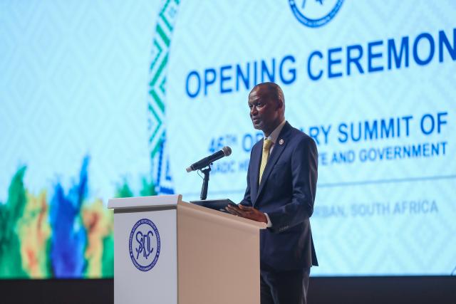 (260818) -- DURBAN, Aug. 18, 2026 (Xinhua) -- Elias Magosi, executive secretary of the Southern African Development Community (SADC), speaks during the opening ceremony of the 46th Ordinary Summit of the SADC Heads of State and Government in Durban, South Africa, Aug. 17, 2026.
  The summit opened Monday in South Africa's coastal city of Durban, with calls for deeper regional integration and stronger cooperation to advance industrialization and economic development.
  TO GO WITH "SADC summit opens in S. Africa's Durban with call for deeper regional integration" (Xinhua/Chen Wei)