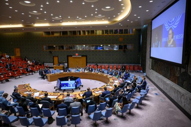 (260818) -- UNITED NATIONS, Aug. 18, 2026 (Xinhua) -- The UN secretary-general's special representative for Libya and head of the UN Support Mission in Libya, Hanna Tetteh (right, on screens), speaks via a video link at a Security Council meeting at the UN headquarters in New York, Aug. 18, 2026. Tetteh on Tuesday called for political will to advance the political process in Libya. (Loey Felipe/UN Photo/Handout via Xinhua)