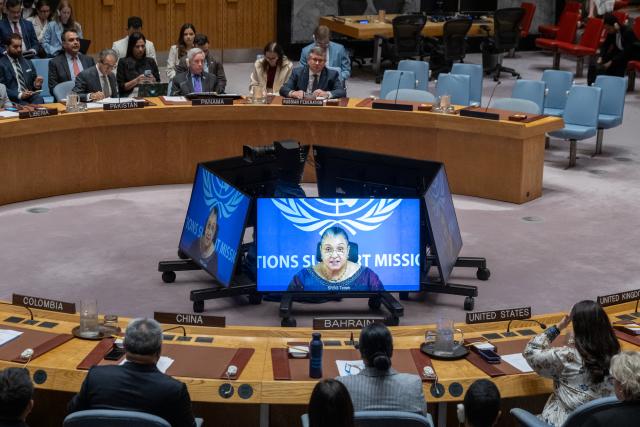 (260818) -- UNITED NATIONS, Aug. 18, 2026 (Xinhua) -- The UN secretary-general's special representative for Libya and head of the UN Support Mission in Libya, Hanna Tetteh (on screens), speaks via a video link at a Security Council meeting at the UN headquarters in New York, Aug. 18, 2026. Tetteh on Tuesday called for political will to advance the political process in Libya. (Eskinder Debebe/UN Photo/Handout via Xinhua)