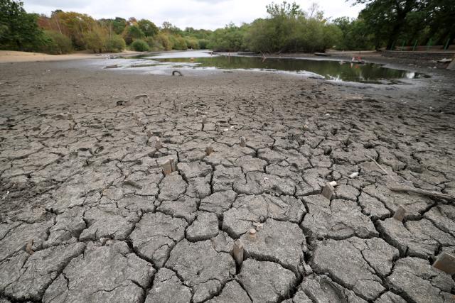 (260818) -- LONDON, Aug. 18, 2026 (Xinhua) -- Dried and cracked bed of the Hollow Pond is pictured in London, Britain, on Aug. 18, 2026. In Britain, extreme dryness becomes a defining feature of the summer. Provisional data from the Met Office showed that England and Wales experienced their driest July on record, while nearly three-quarters of England was officially under drought conditions by Aug. 10. (Xinhua/Li Ying)
