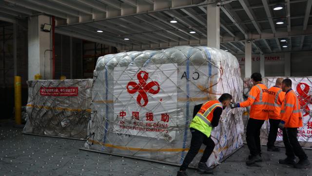 (260819) -- BOGOTA, Aug. 19, 2026 (Xinhua) -- Staff members transfer humanitarian earthquake relief supplies provided by the Chinese government at an airport in Bogota, Colombia, Aug. 18, 2026. Humanitarian earthquake relief supplies provided by the Chinese government arrived in Bogota on Tuesday to support Colombia's disaster response and post-disaster reconstruction efforts. (Xinhua/Li Zijian)