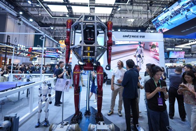 (260819) -- BEIJING, Aug. 19, 2026 (Xinhua) -- A Unitree robot is displayed during the 2026 World Robot Conference in Beijing, capital of China, Aug. 19, 2026. Themed "Human-Robot Symbiosis, Production-Demand Convergence," the 2026 edition of the conference kicked off here on Wednesday. (Xinhua/Xie Han)