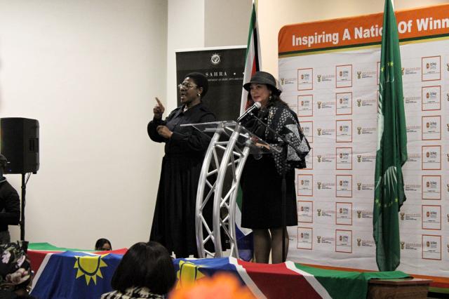 (260820) -- CAPE TOWN, Aug. 20, 2026 (Xinhua) -- Namibia's Minister of Education, Innovation, Youth, Sports, Arts and Culture Sanet Steenkamp (R) speaks during a repatriation ceremony at the Iziko South African Museum in Cape Town, South Africa, Aug. 19, 2026. TO GO WITH "South Africa returns ancestral remains to Namibia for colonial redress, healing" (Photo by Shakirah Thebus/Xinhua)