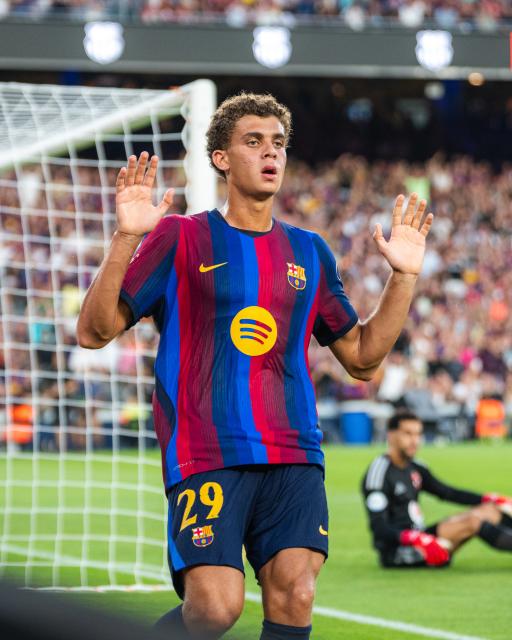 (260820) -- BARCELONA, Aug. 20, 2026 (Xinhua) -- FC Barcelona's Hamza Abdelkarim celebrates his goal during the 61st Joan Gamper Trophy football match between FC Barcelona and Al Ahly FC in Barcelona, Spain, Aug. 19, 2026. (Photo by Joan Gosa/Xinhua)
