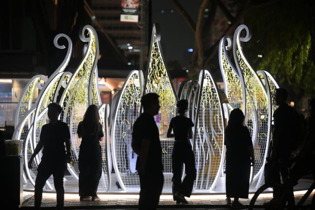(260820) -- SINGAPORE, Aug. 20, 2026 (Xinhua) -- People view one of the artworks on display during the media preview of the 17th Singapore Night Festival in Singapore, on Aug. 19, 2026. The event will be officially held from Aug. 21 to Sept. 5. (Xinhua/Then Chih Wey)