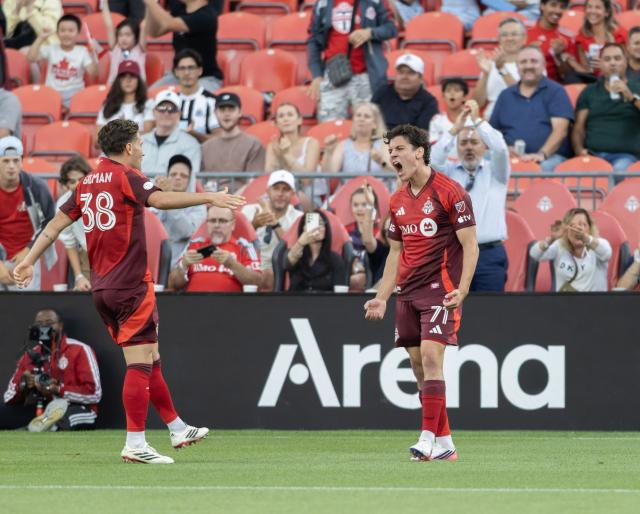 (260820) -- TORONTO, Aug. 20, 2026 (Xinhua) -- Markus Cimermancic (R) of Toronto FC celebrates scoring during the 2026 Major League Soccer (MLS) regular season match between Toronto FC and Charlotte FC at BMO Field in Toronto, Canada, on Aug. 19, 2026. (Photo by Zou Zheng/Xinhua)