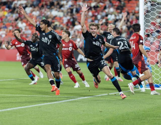(260820) -- TORONTO, Aug. 20, 2026 (Xinhua) -- Henry Kessler (front C) of Charlotte FC celebrates scoring during the 2026 Major League Soccer (MLS) regular season match between Toronto FC and Charlotte FC at BMO Field in Toronto, Canada, on Aug. 19, 2026. (Photo by Zou Zheng/Xinhua)