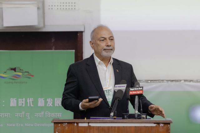 (260820) -- KATHMANDU, Aug. 20, 2026 (Xinhua) -- Kumar Sharma Acharya, former chairman of Press Council Nepal, addresses a story-sharing forum titled "Xizang Panorama: New Era, New Development" in Kathmandu, Nepal, Aug. 19, 2026. The story-sharing forum was held here Wednesday, drawing more than 300 people from various sectors of China and Nepal. (Photo by Sulav Shrestha/Xinhua)